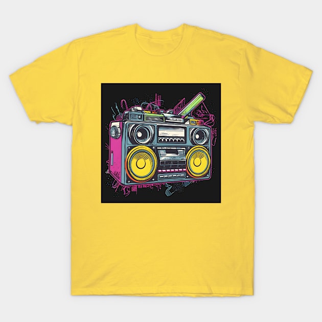 Ghetto Blaster Boom Box 80s Hip-Hop Stereo T-Shirt by Grassroots Green